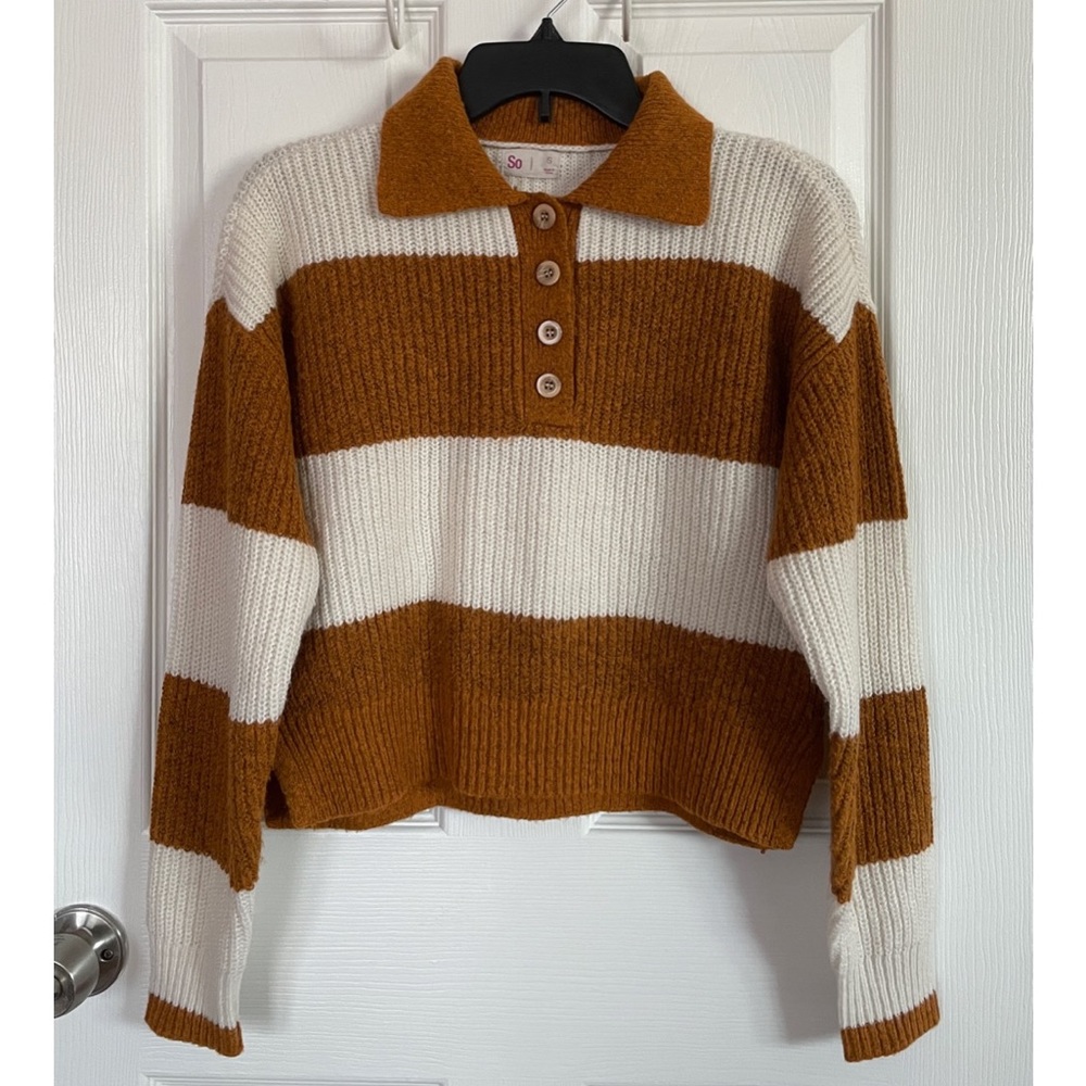 SO Striped Button-Up Collared Sweater